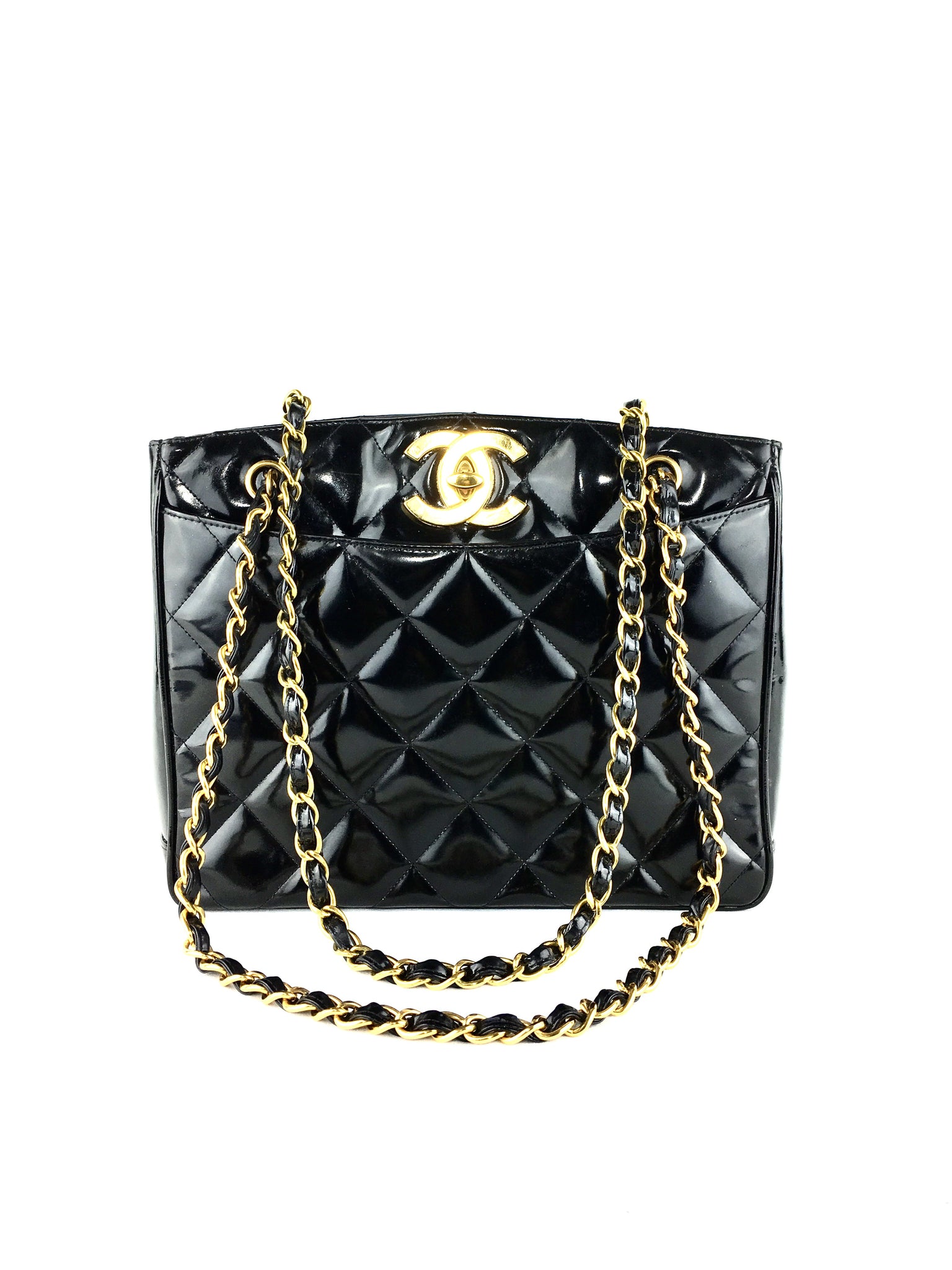 CHANEL Black Patent Leather Quilted Bag
