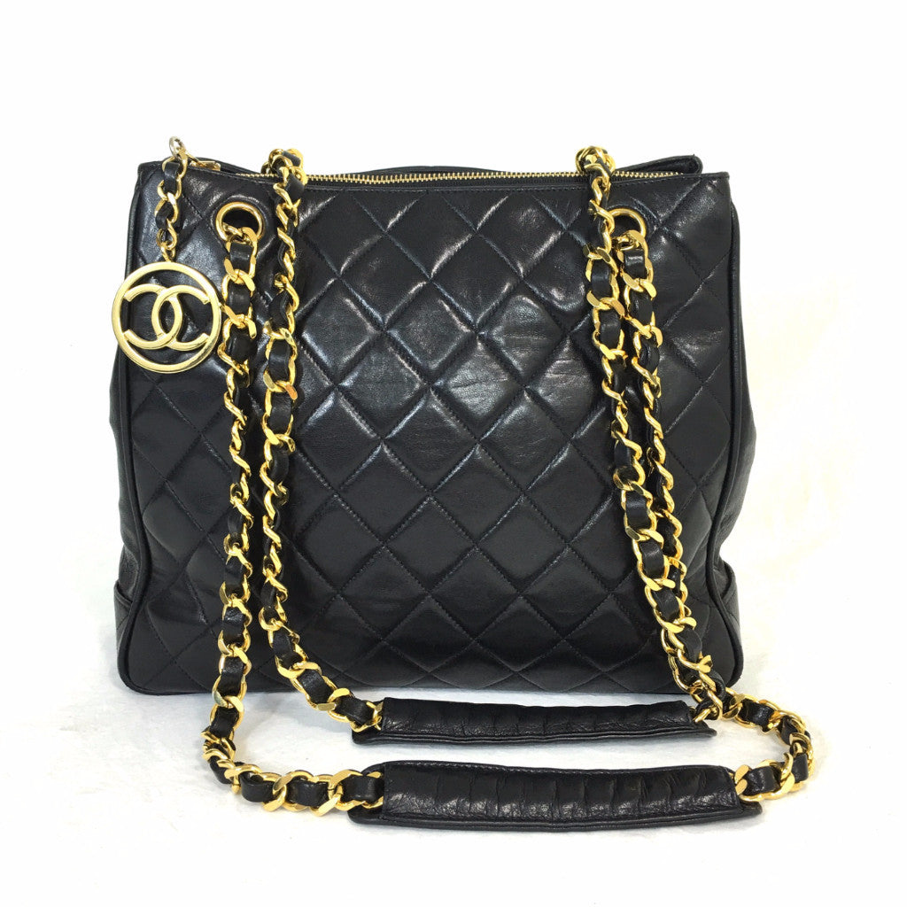 CHANEL Black Lambskin Quilted CC Charm Shoulder Bag