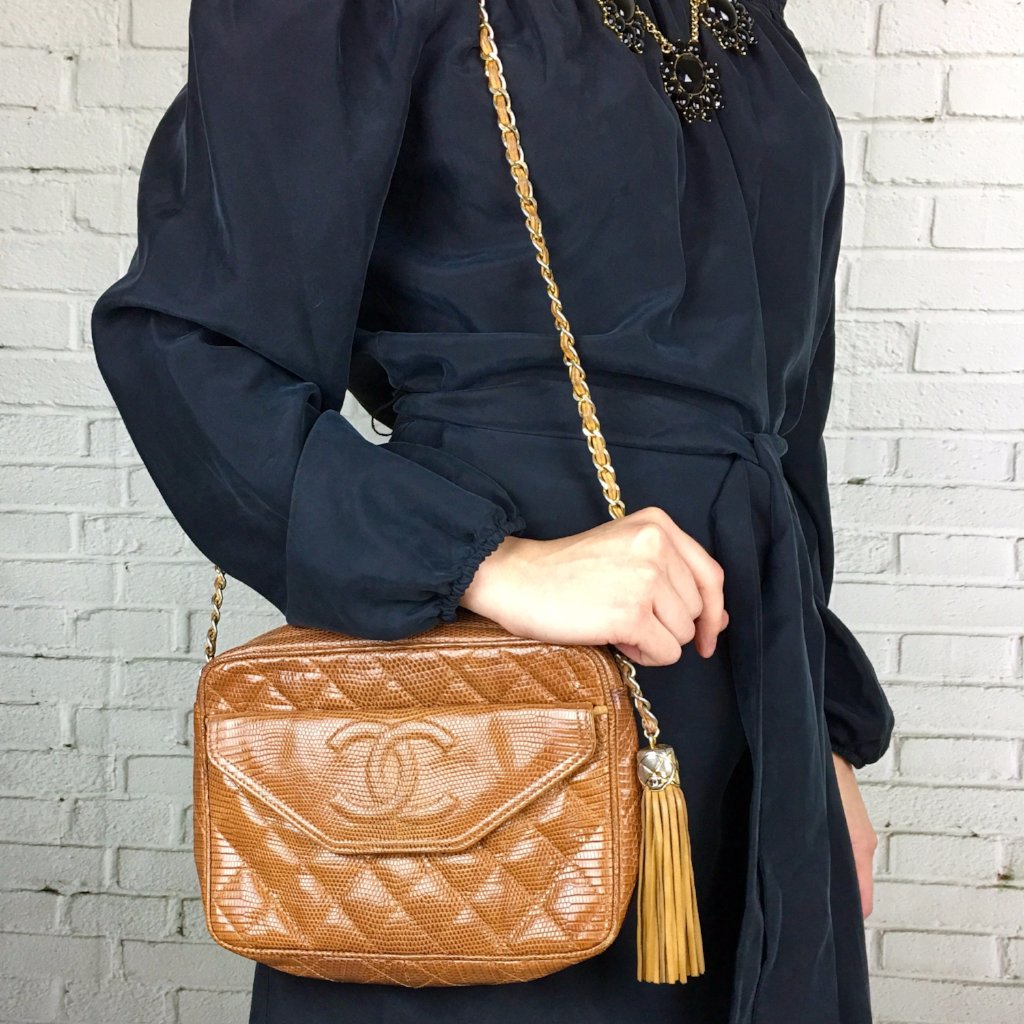 CHANEL Lizard Leather Crossbody Tassel Bag