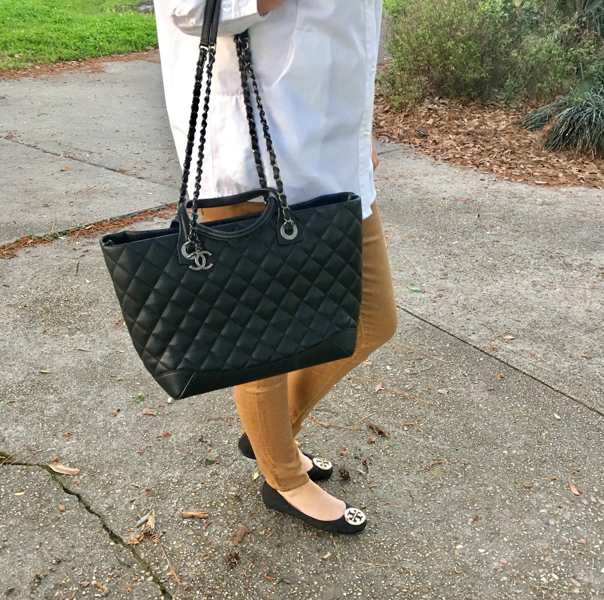 CHANEL Black Leather Quilted Charm Tote