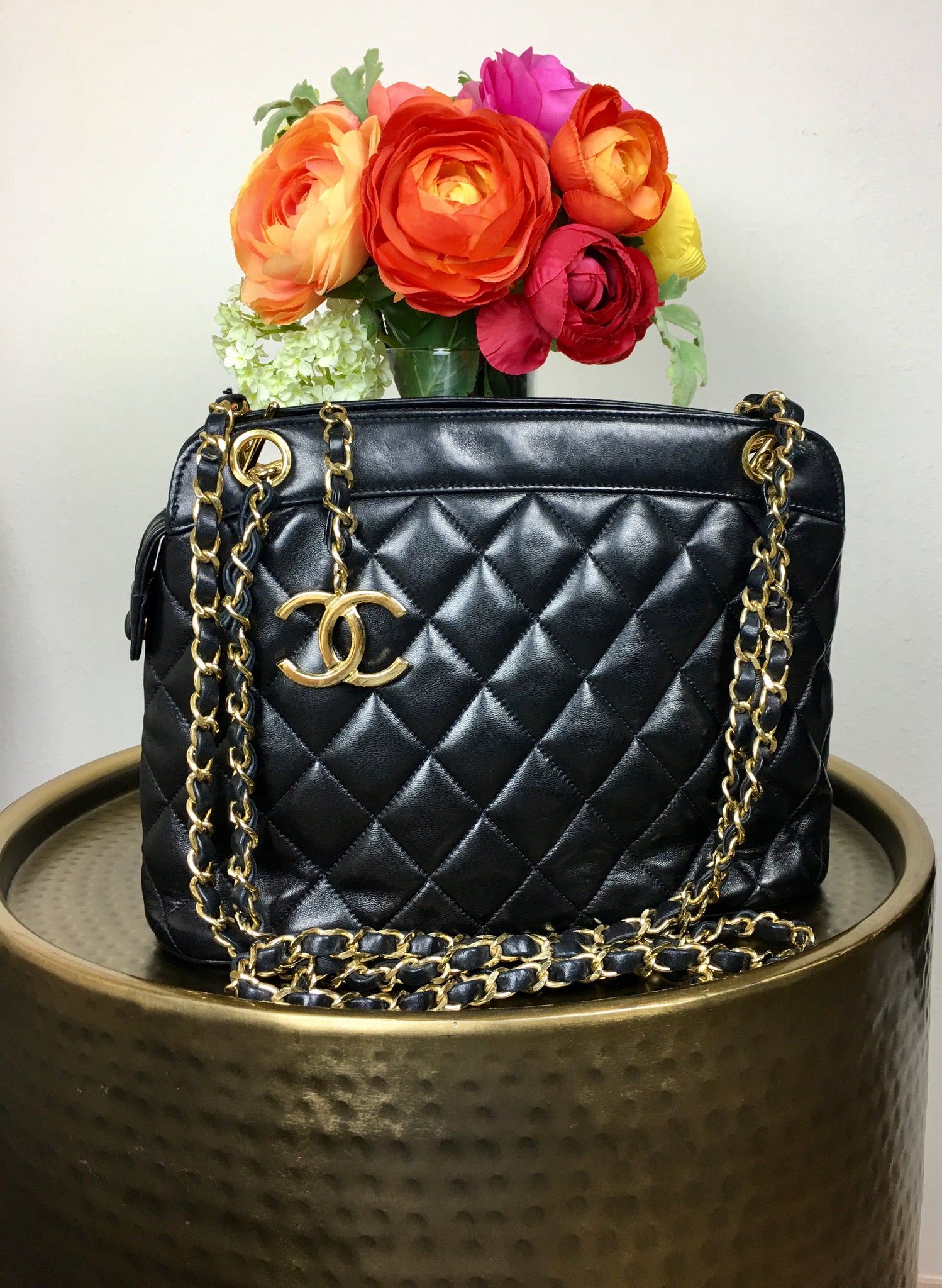 CHANEL Black Lambskin Quilted Shoulder Bag