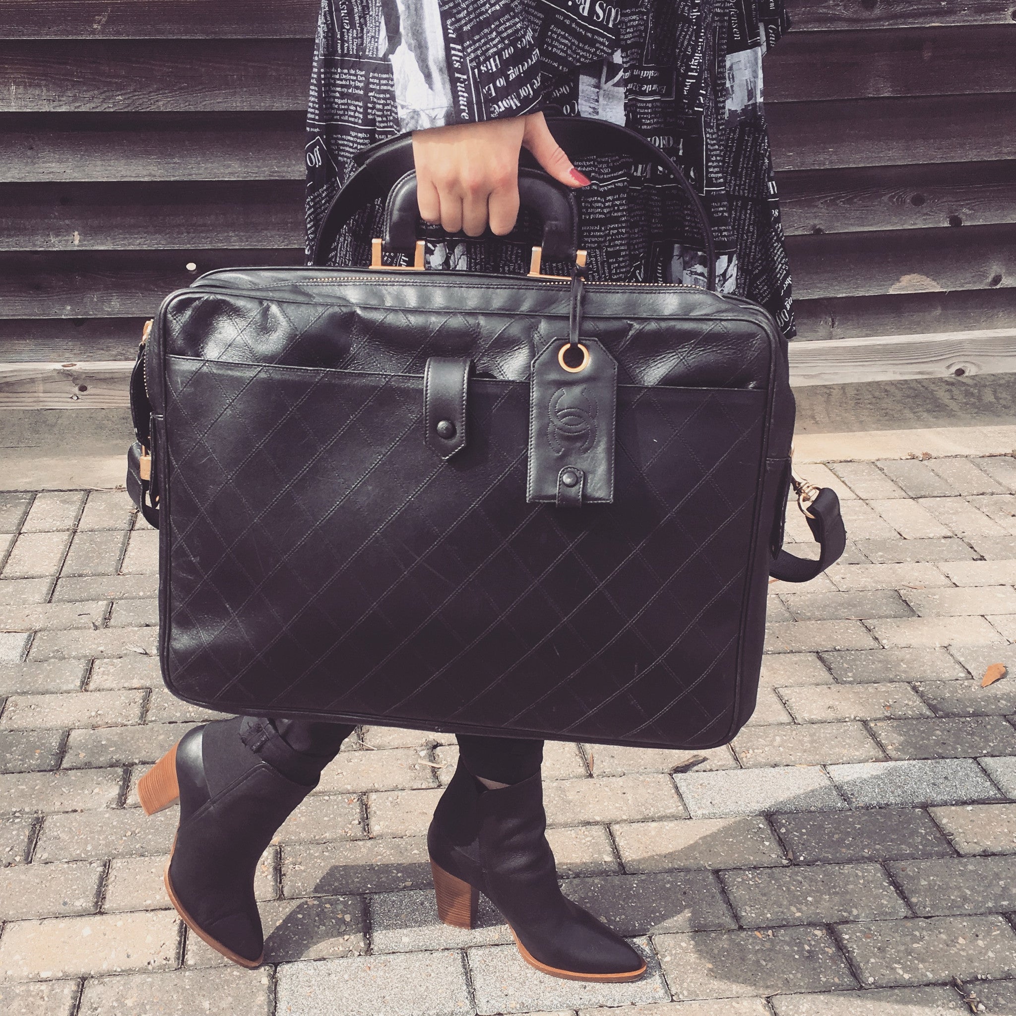 CHANEL Black Lambskin Quilted Messenger Travel Bag