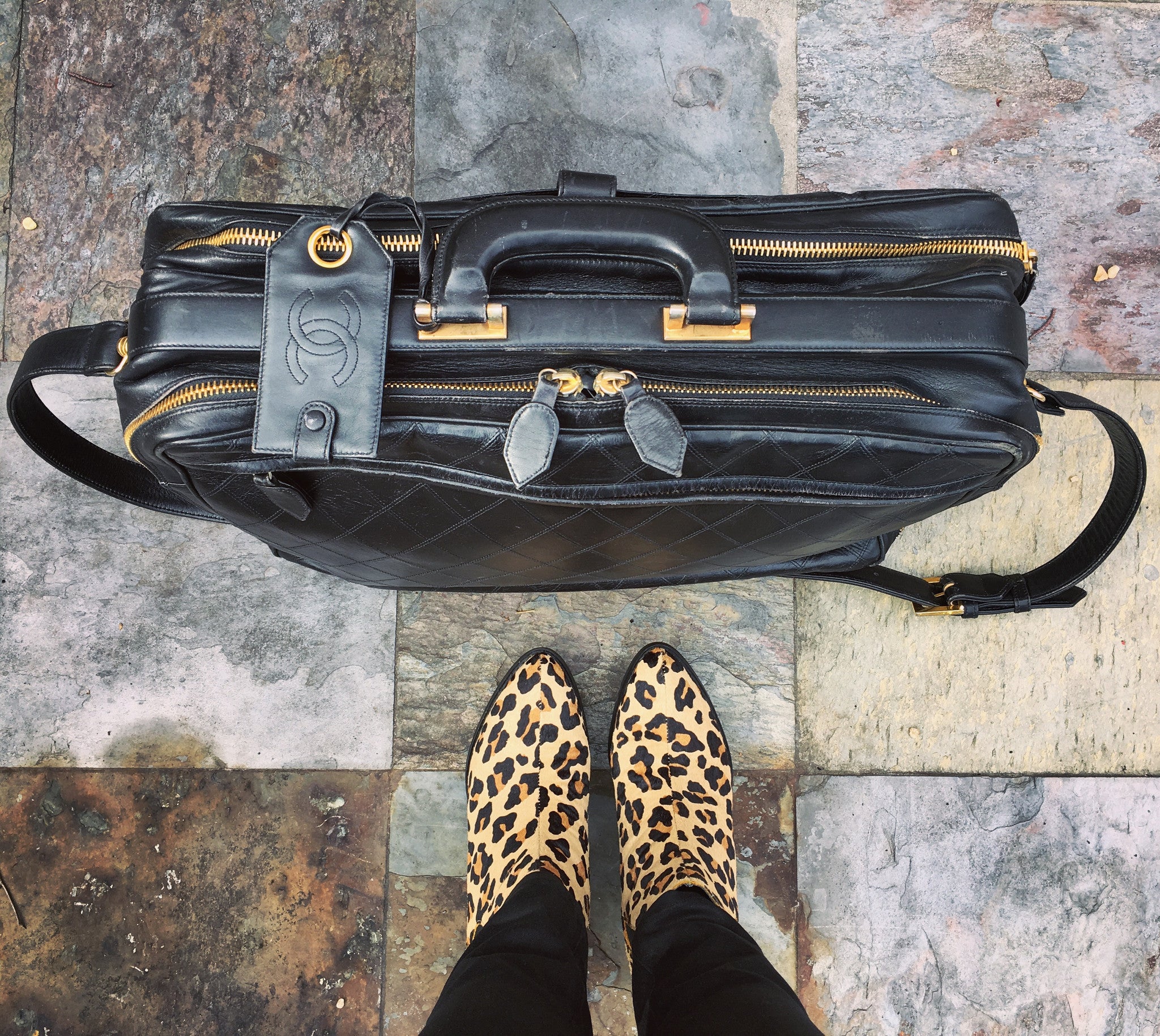 CHANEL Black Lambskin Quilted Messenger Travel Bag
