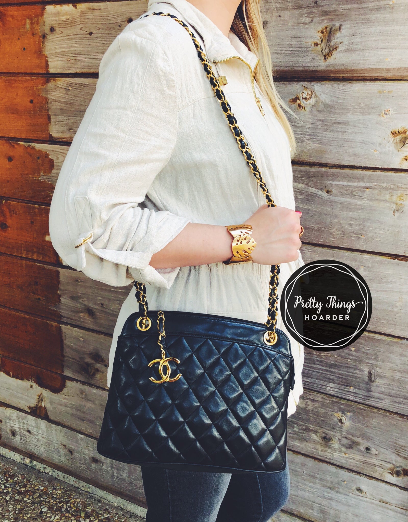 CHANEL Black Lambskin Quilted Shoulder Bag