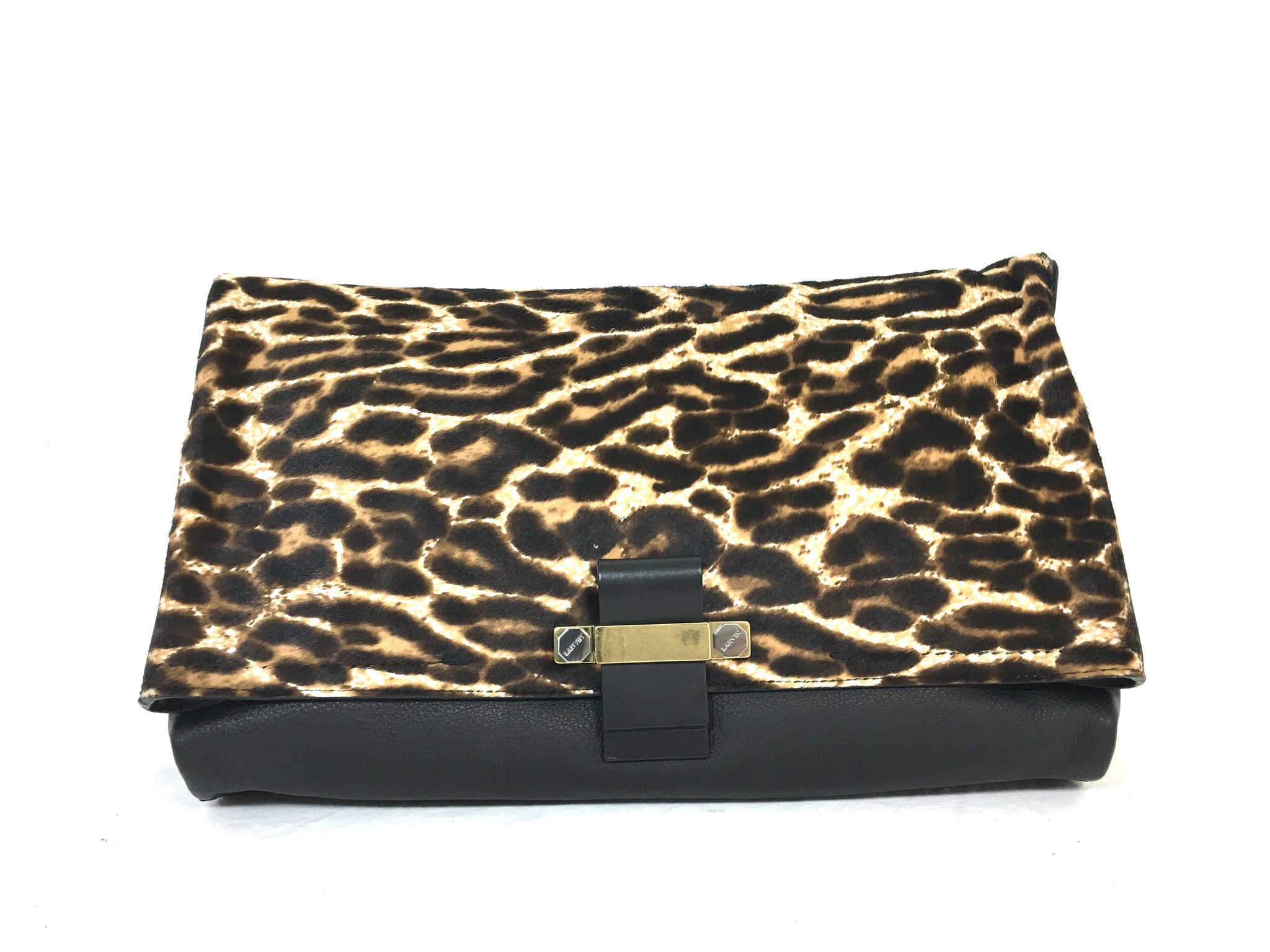 LANVIN Black Leopard Pony Hair Flap Clutch