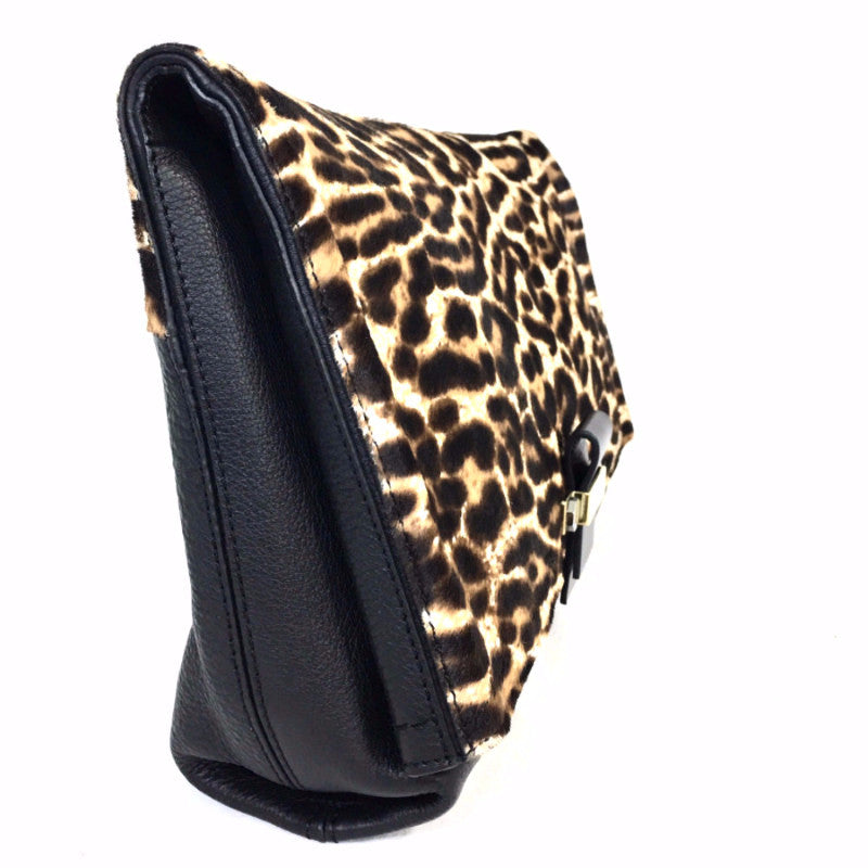 LANVIN Black Leopard Pony Hair Flap Clutch