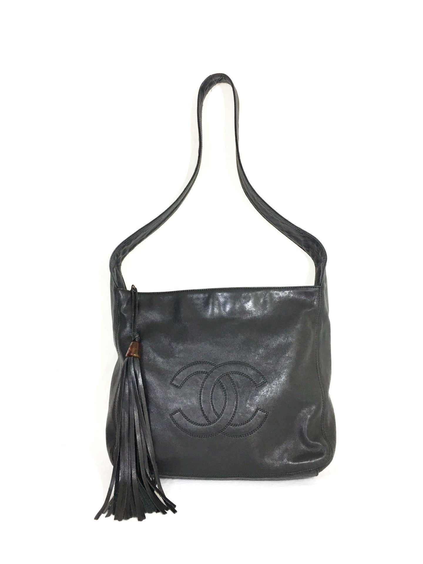 CHANEL CC Logo Tassel Black Lambskin Shoulder Bag
