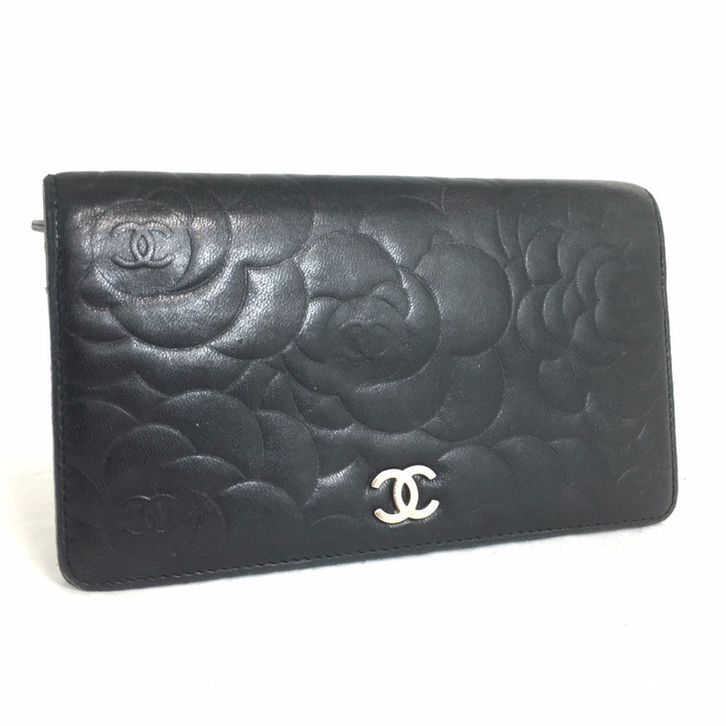 CHANEL Lambskin Camellia Embossed Black Wallet