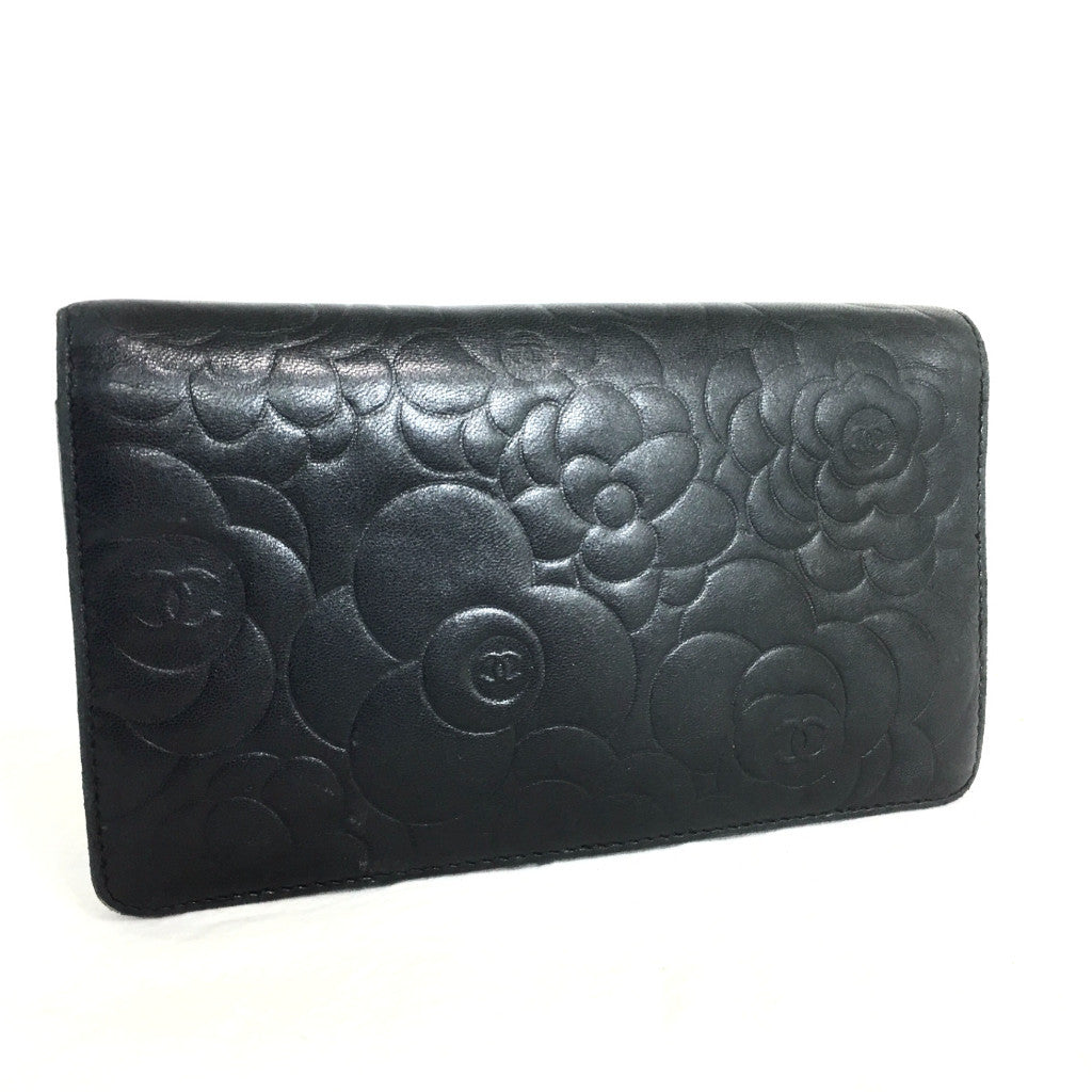 CHANEL Lambskin Camellia Embossed Black Wallet