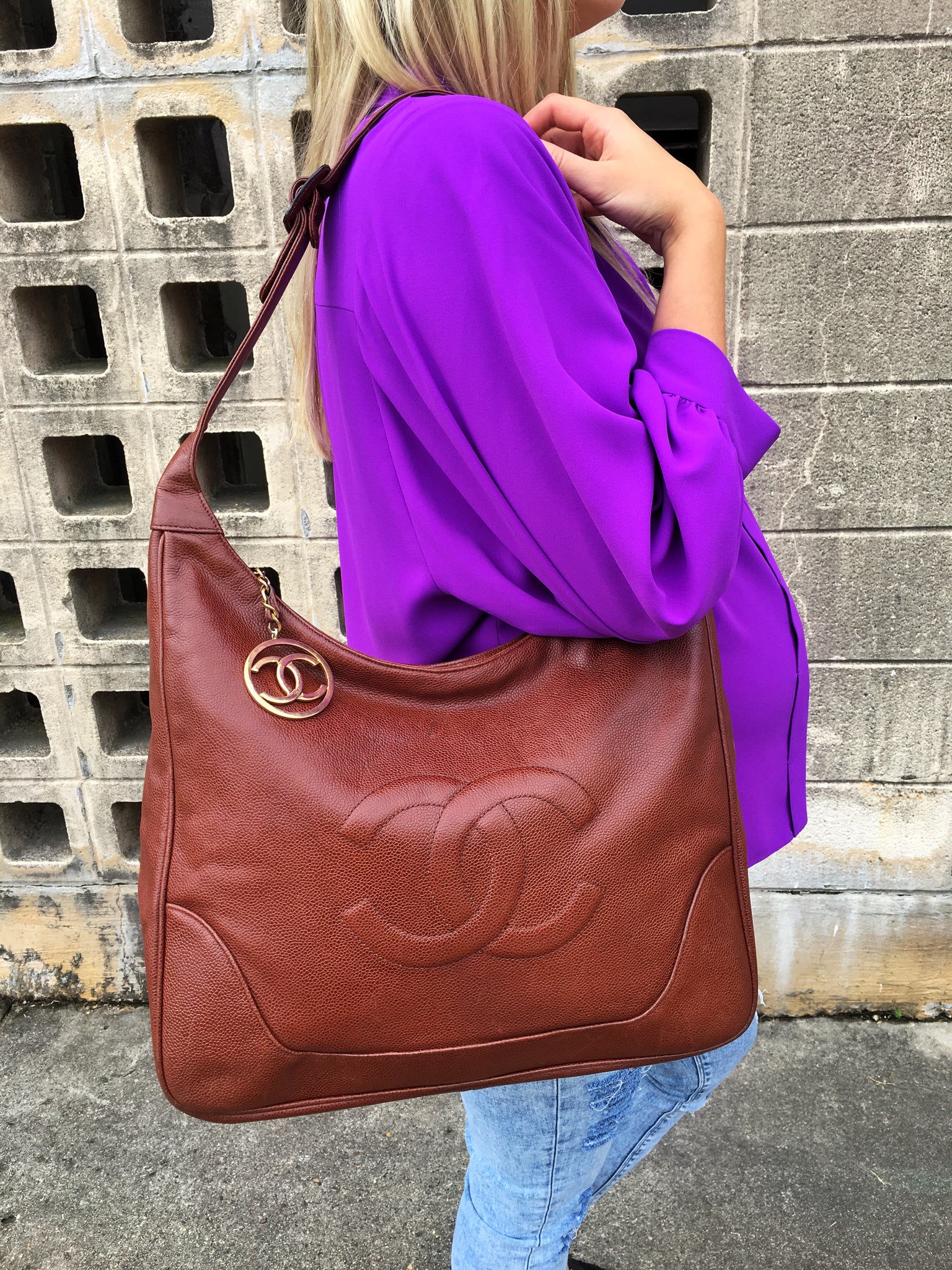 CHANEL Brown Caviar Leather Hobo Tote