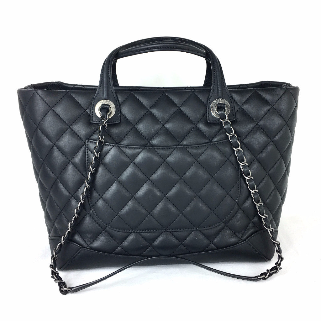 CHANEL Black Leather Quilted Charm Tote