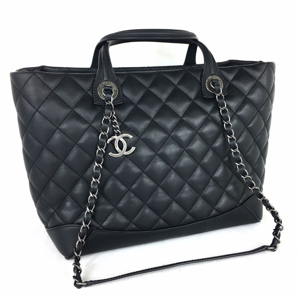 CHANEL Black Leather Quilted Charm Tote