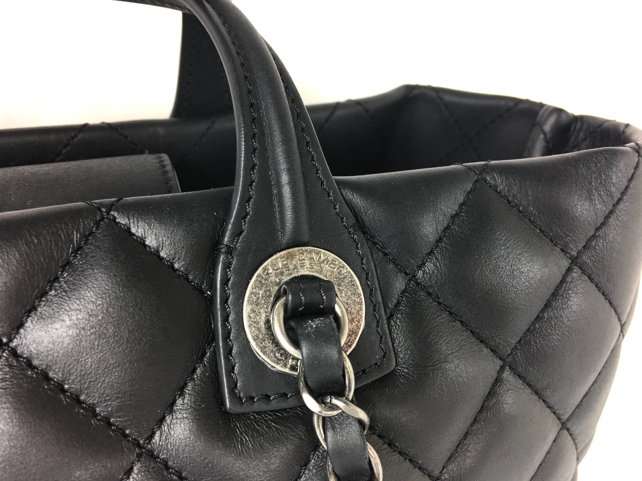 CHANEL Black Leather Quilted Charm Tote