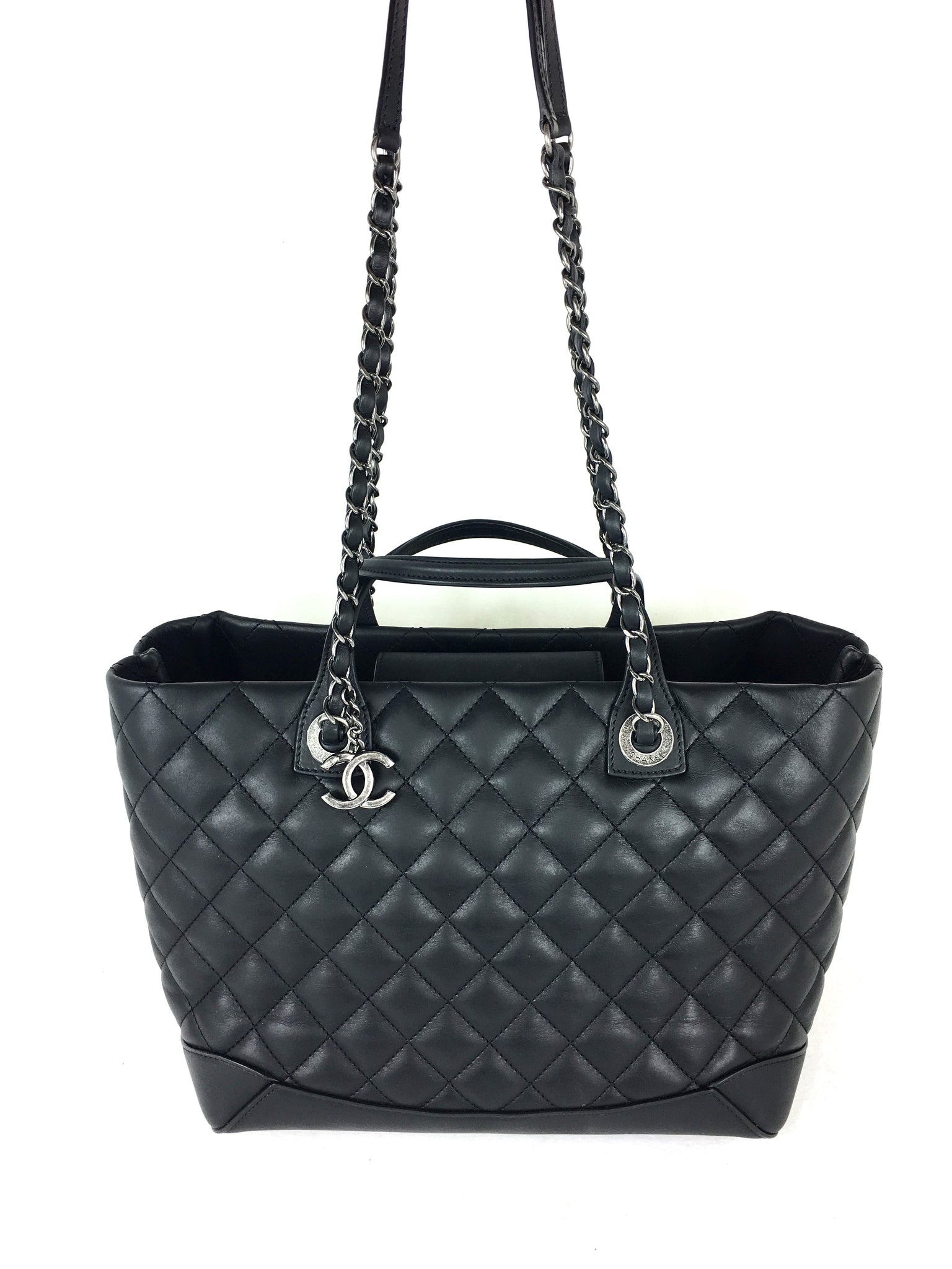 CHANEL Black Leather Quilted Charm Tote