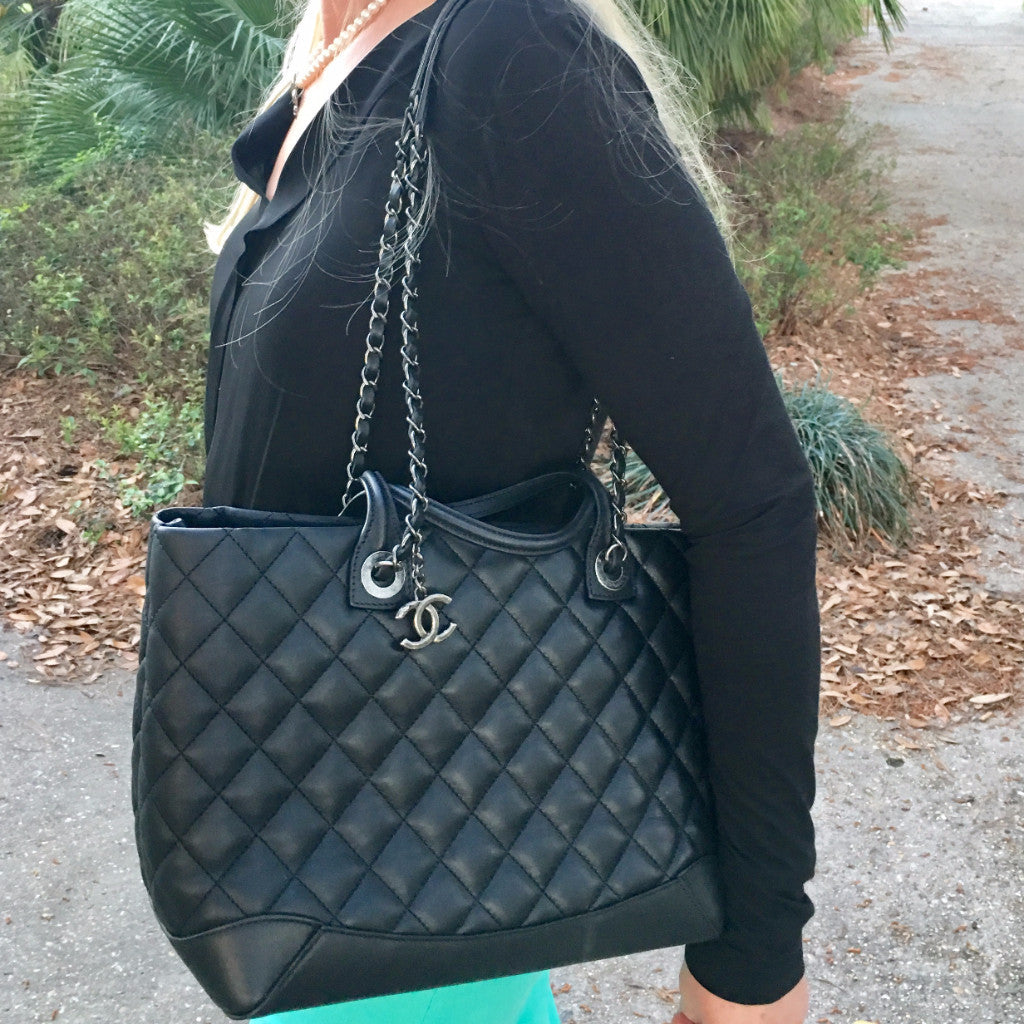 CHANEL Black Leather Quilted Charm Tote