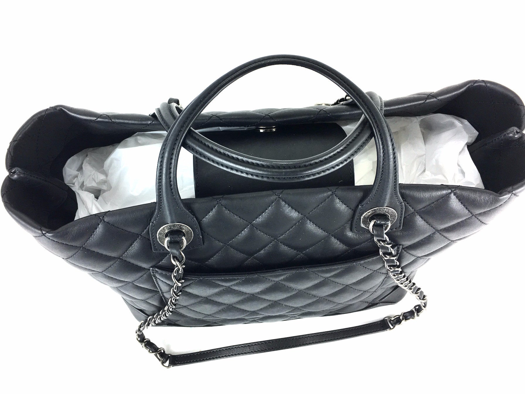 CHANEL Black Leather Quilted Charm Tote