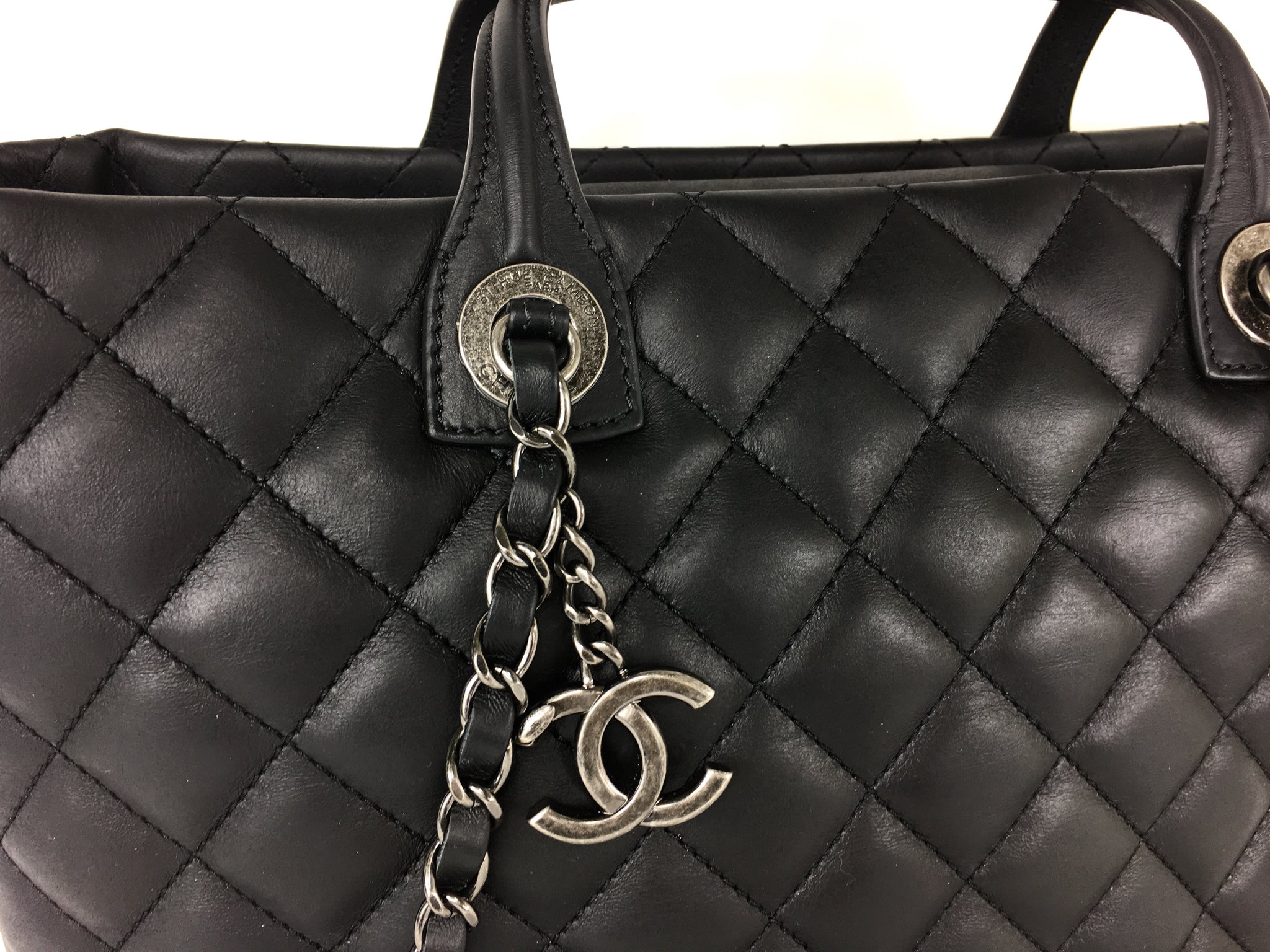 CHANEL Black Leather Quilted Charm Tote