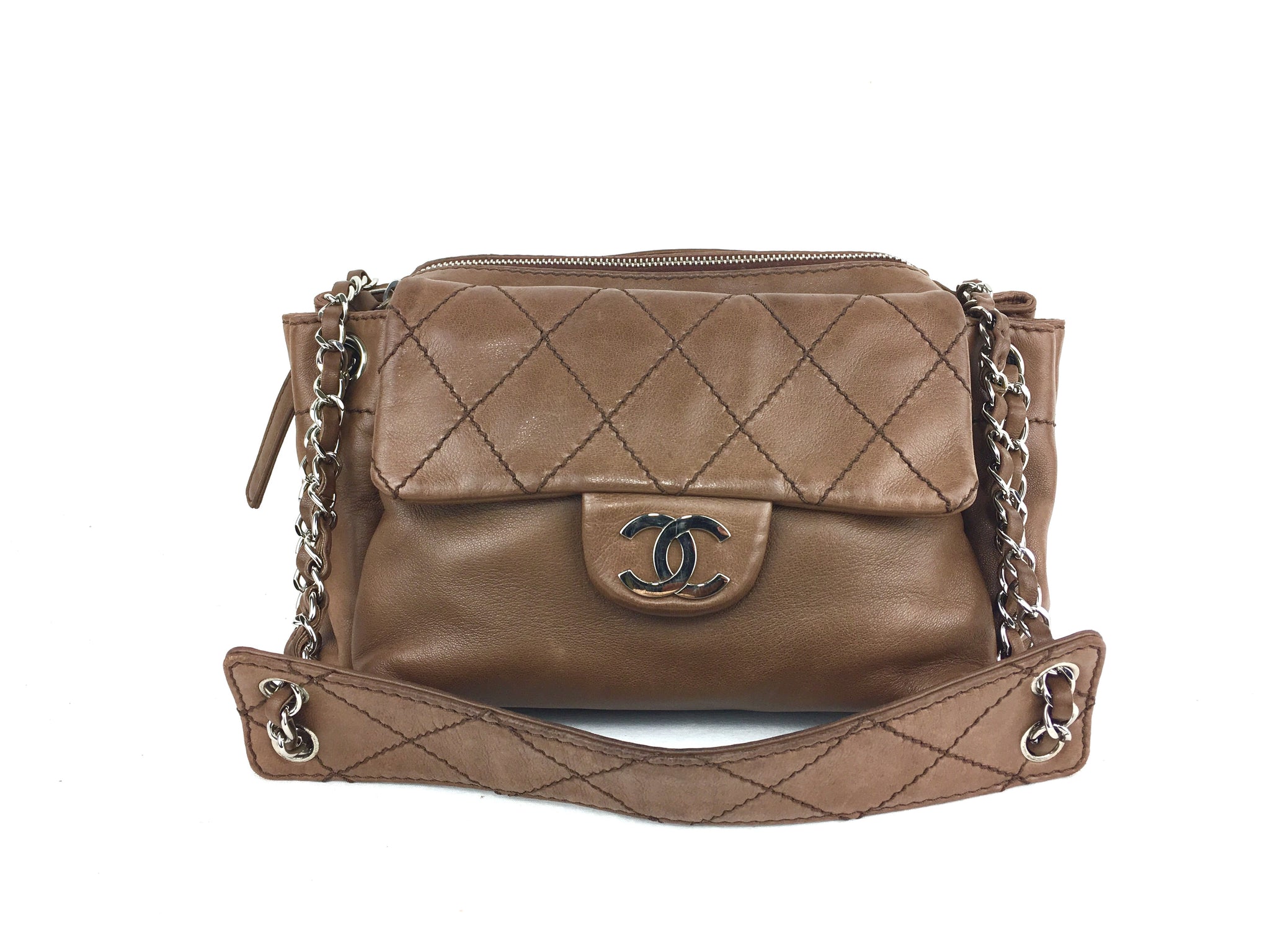 CHANEL Brown Lambkin Satchel Bag