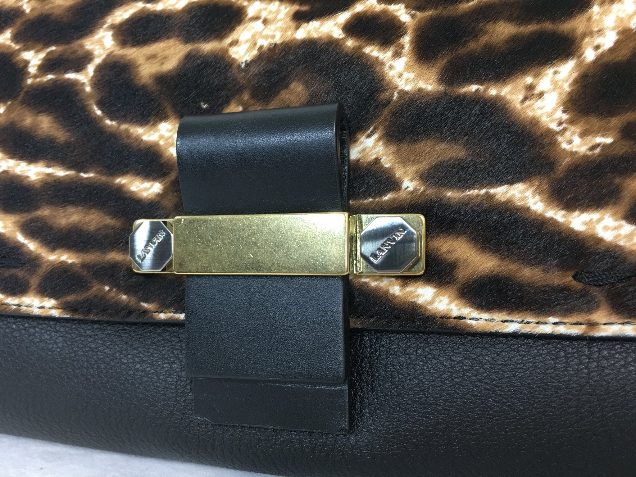 LANVIN Black Leopard Pony Hair Flap Clutch