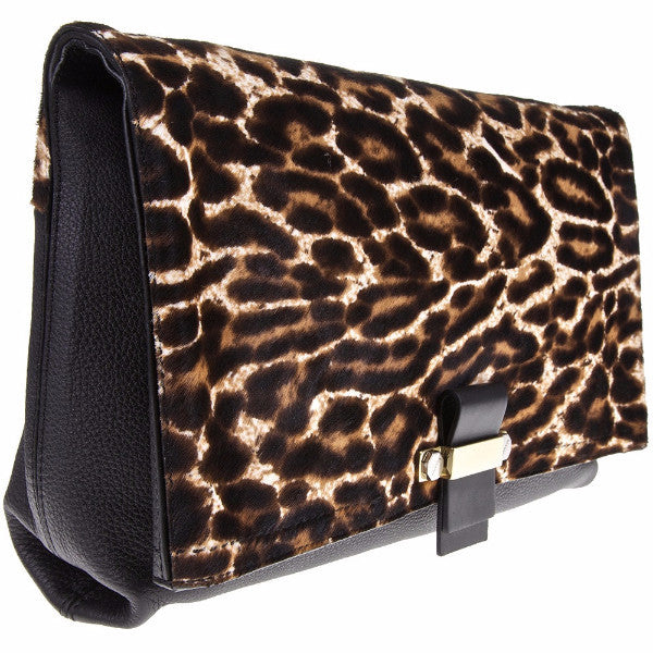 LANVIN Black Leopard Pony Hair Flap Clutch