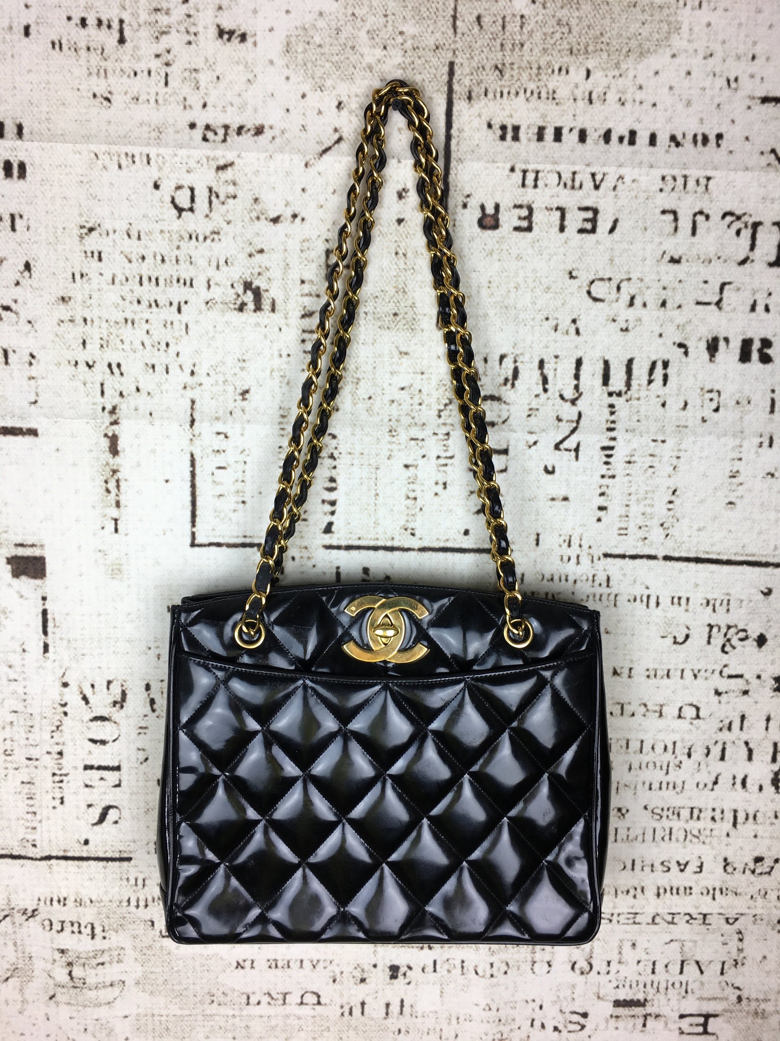 CHANEL Black Patent Leather Quilted Bag