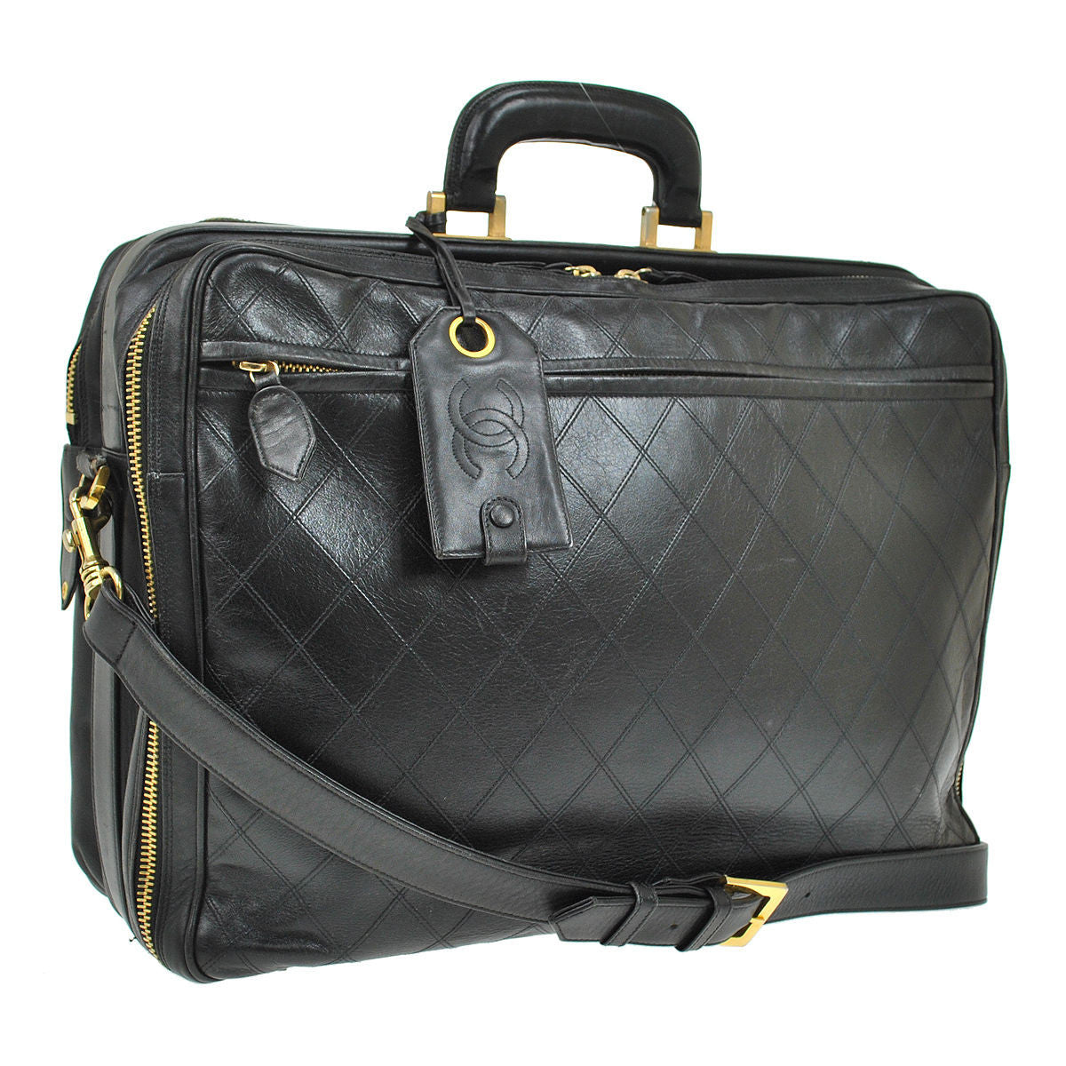 CHANEL Black Lambskin Quilted Messenger Travel Bag