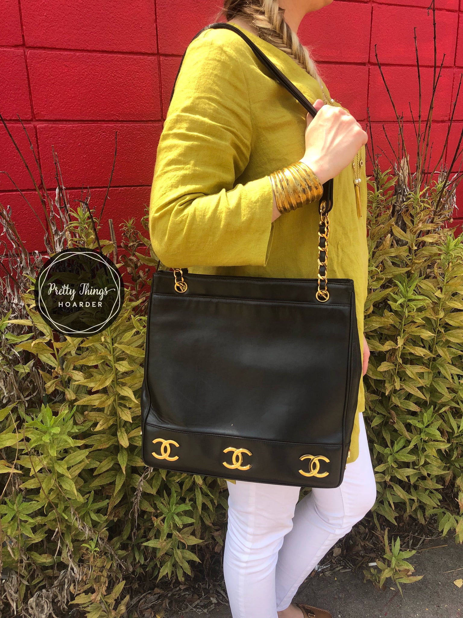 Vintage CHANEL black calfskin shoulder bag, tote bag with golden