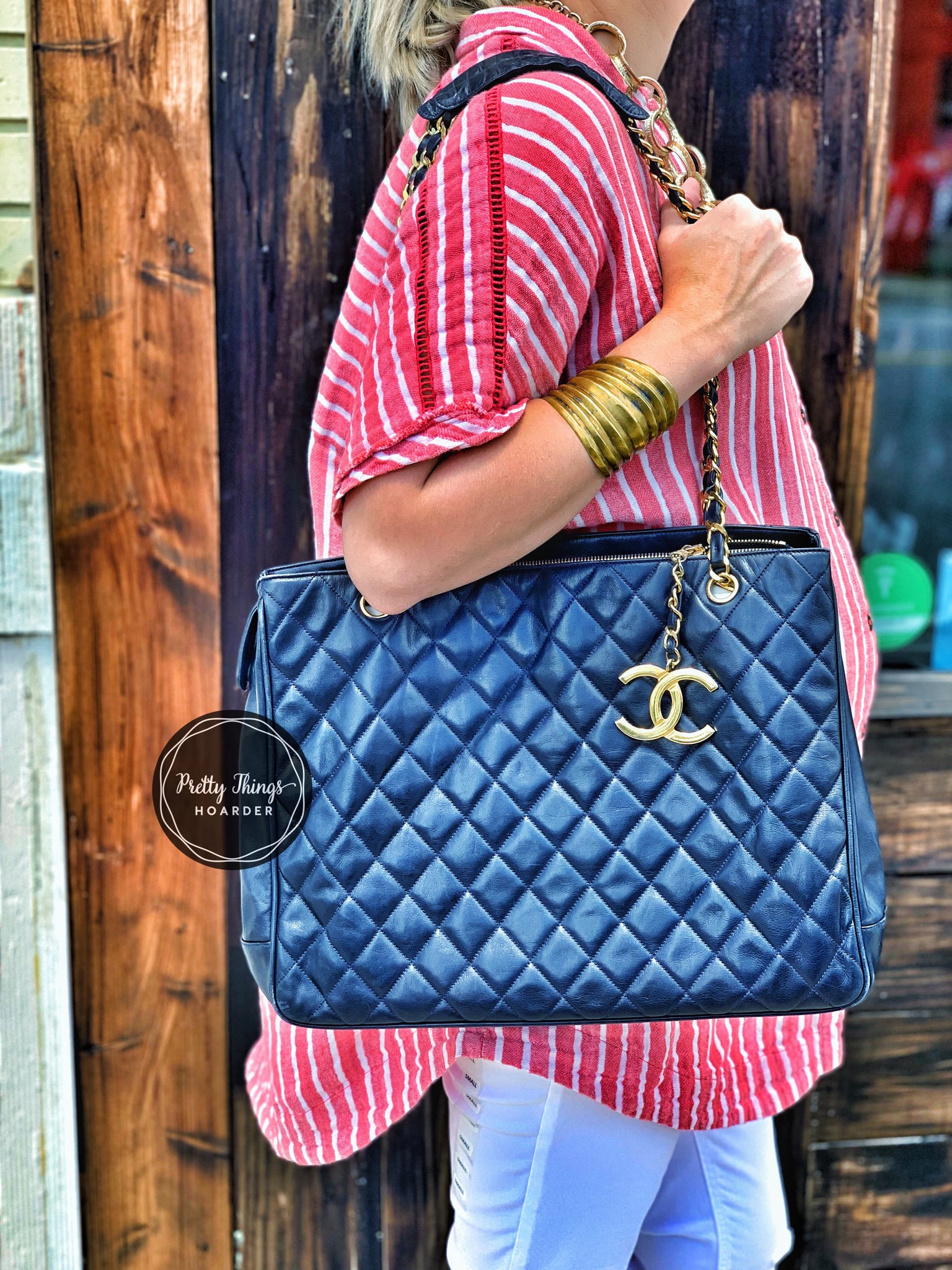 CHANEL Dark Navy Lambskin Quilted CC Charm Shoulder Bag