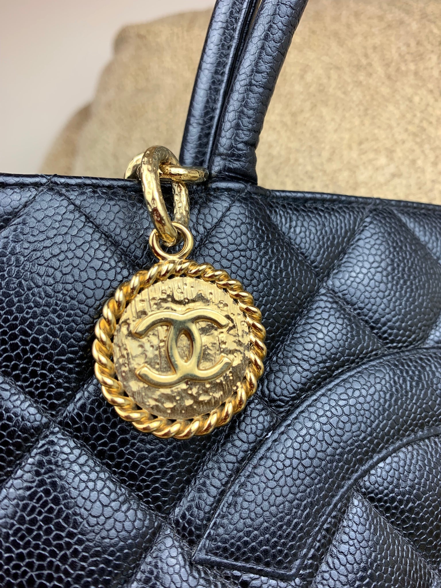 Chanel Vintage Black Quilted Caviar Medallion Tote Gold Hardware