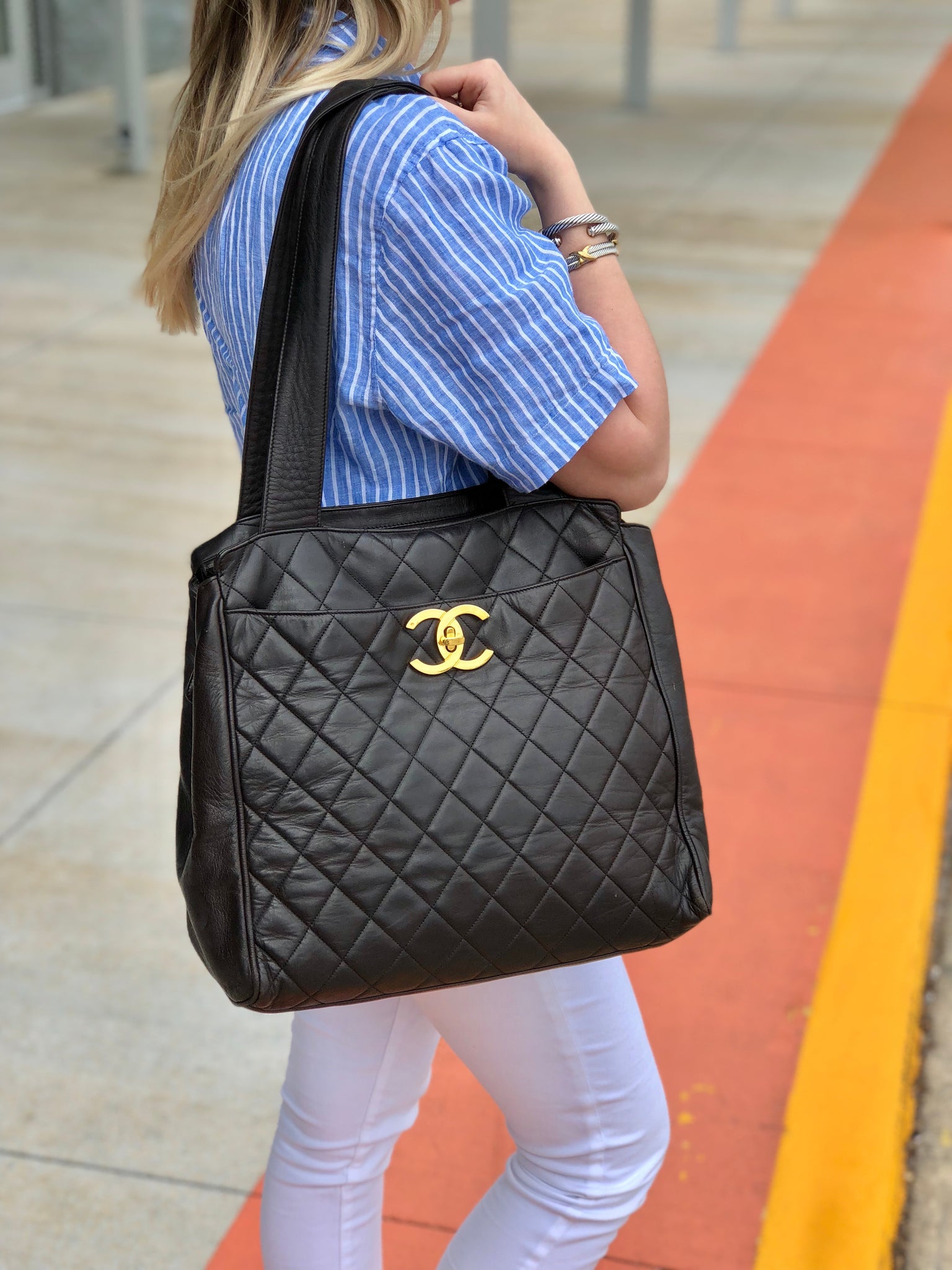 CHANEL Lambskin Dark Brown Large Tote